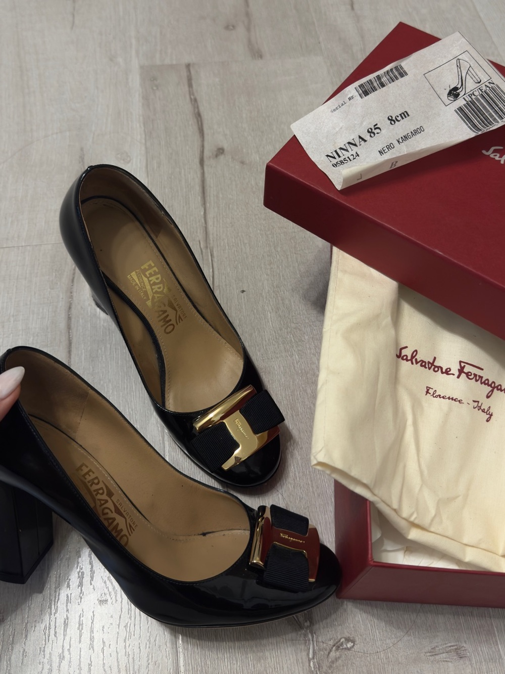 Salvatore Ferragamo Black Patent Vara Bow Block Heel Pumps